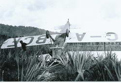 The crashed aricraft with the Newmans Motors logo attached - Molly Cox to the left.