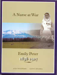 Book cover pictures main themes - a Mid-Canterbury sheep station, Emily as a nurse wearing service medals, and war graves.