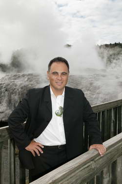 Te Puia chief executive Andrew Te Whaiti in front of Pohutu geyser.