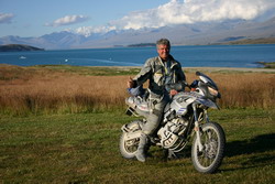 On the shore of Lake Tekapo - a rider in a BMW rally