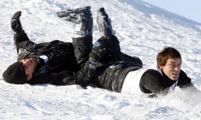 Simon Dallow and Jason Gunn 'dancing on the snow' together. 