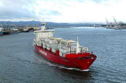 <em>MV Knud Lauritzen</em> leaving the Tauranga Harbour with the largest single shipment of kiwifruit