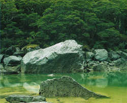 Bouders from the landslide that dammed Lake Mackenzie lie near the lake's subterranean outlet