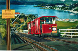 Kelburn cable tram arrives towards the summit in 1950s