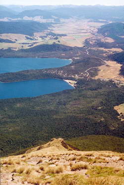 Looking down from the St Arnaud Range across the mainland island with St Arnaud township in the middle distance