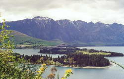 Lake Wakatipu, The Queenstown Gardens,  and Kelvin Heights with the  Remarkables in the background.